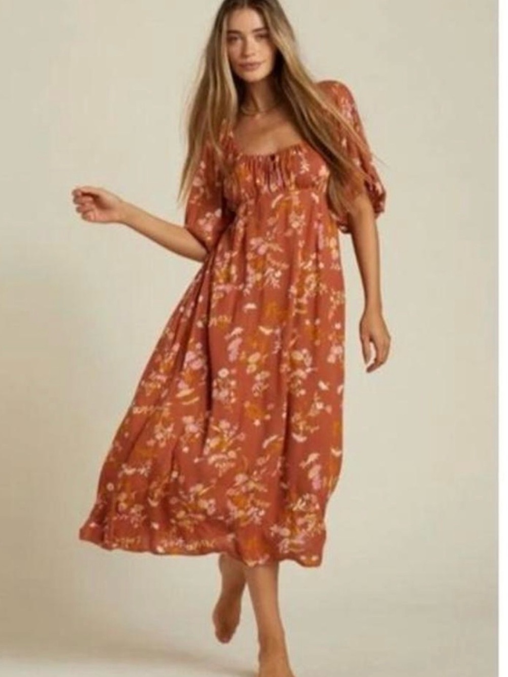 Billabong Rust Floral Puff-Sleeve Midi Dress